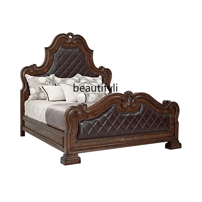 

Solid Wood Double Bed Imported First Layer Cowhide American Bed Retro Classic Luxury King Bed