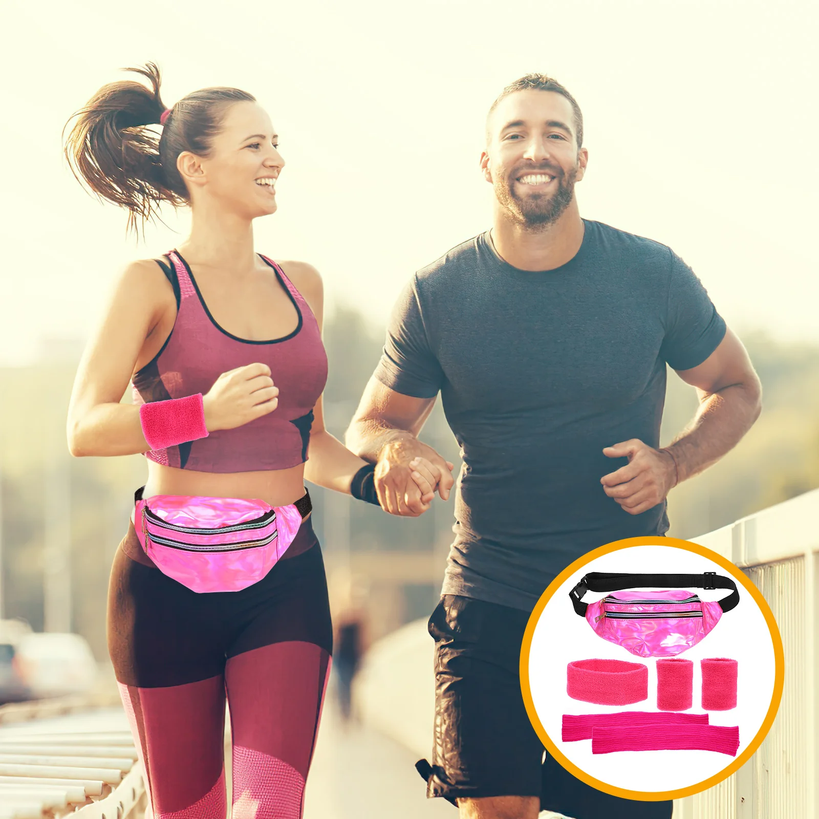 

1Set 80S Style Leg Warmers and Wrist Cuffs with Headband Fanny Pack Women Fashion Sporty Retro Accessory Set for Themed Parties