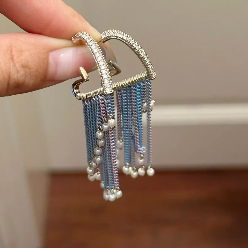 

Zircon Heart-shaped Pearl Chain Tassel Earrings Fashionable Niche Design Earrings