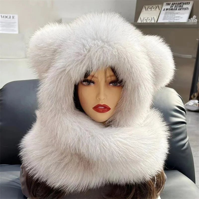 

New Bear Real Fox Fur Scarf Winter Warm Knitted Integrated Snow Hats Women's Dual-Purpose Fur Hat Outdoor Warm Scarf With Hood