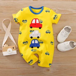 Newborn Clothes Cute Cartoon Car Embroidery Cotton Comfortable And Soft Summer Boys And Girls 0-18 Short Sleeved Baby Jumpsuit