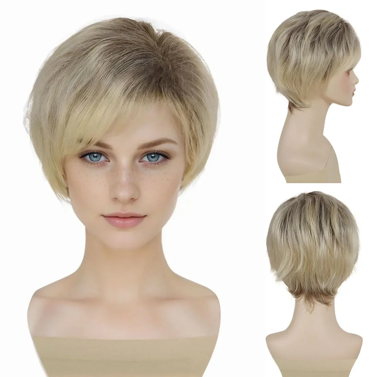 Ombre Blonde Wigs for Women Synthetic Hair Short Wig with Bangs for Mother Daily Wear Natural Hairstyles Mommy Wig Casual Style