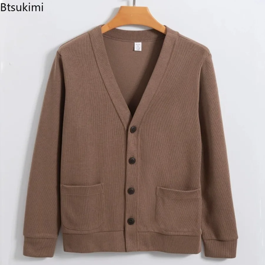 New 2025 Spring and Autumn Men's Knitted Sweater Cardigan Solid Casual Male Clothes Fashion Cotton V-Neck Collar Sweater for Men