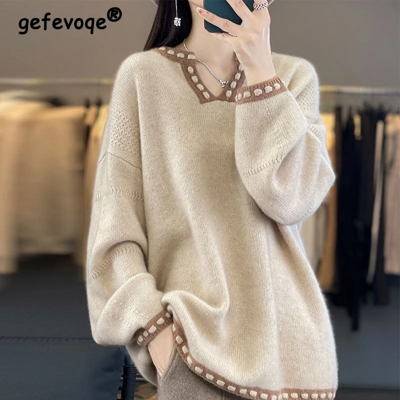 Autumn Winter Women Korean Fashion Contrast Color Oversized Chic Knitted Sweater Casual Streetwear V Neck Long Sleeve Pullovers