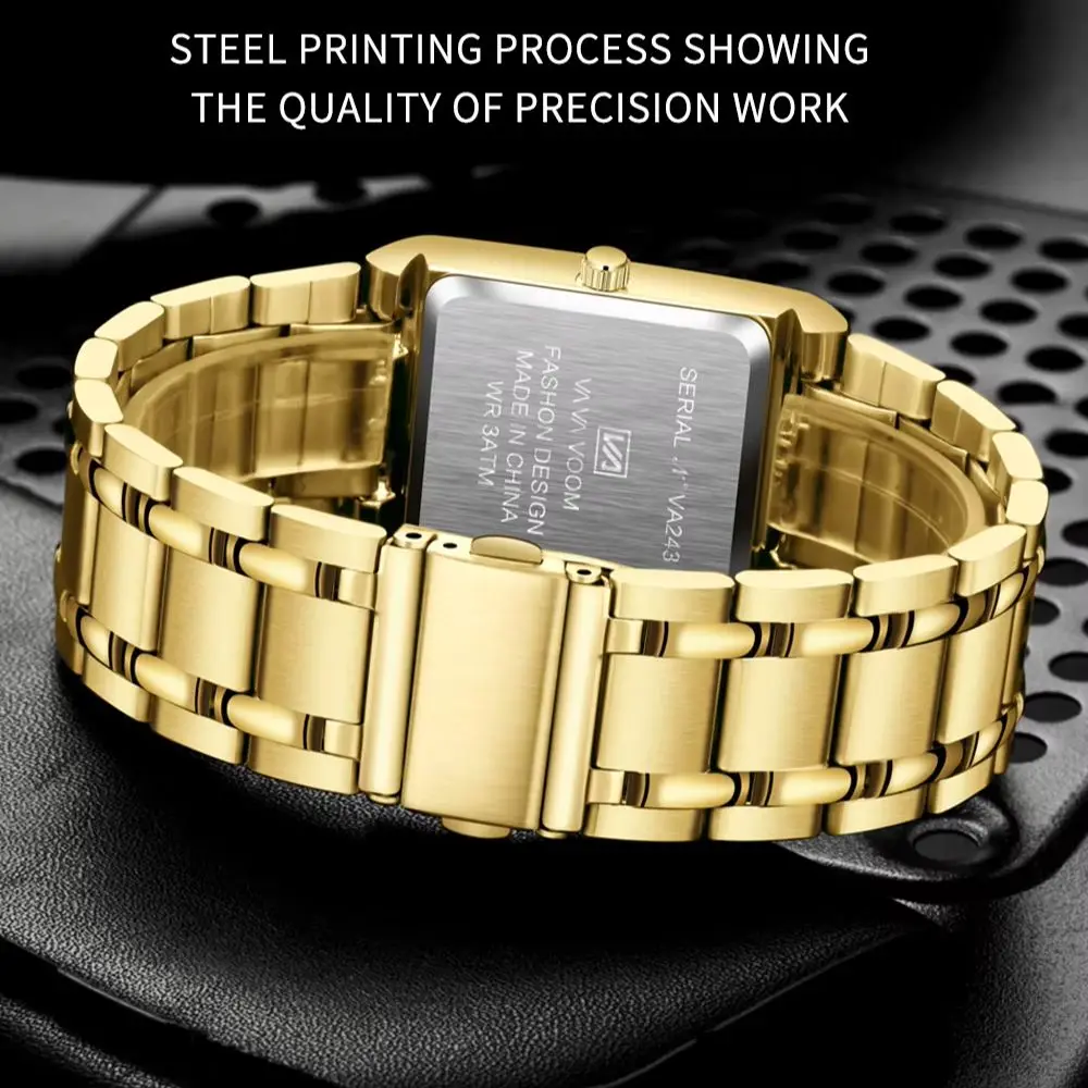 Luxury Fashion Rectangular Black Gold Men Watch Business Simple Design Stainless Steel Calendar Waterproof Quartz Men Watches