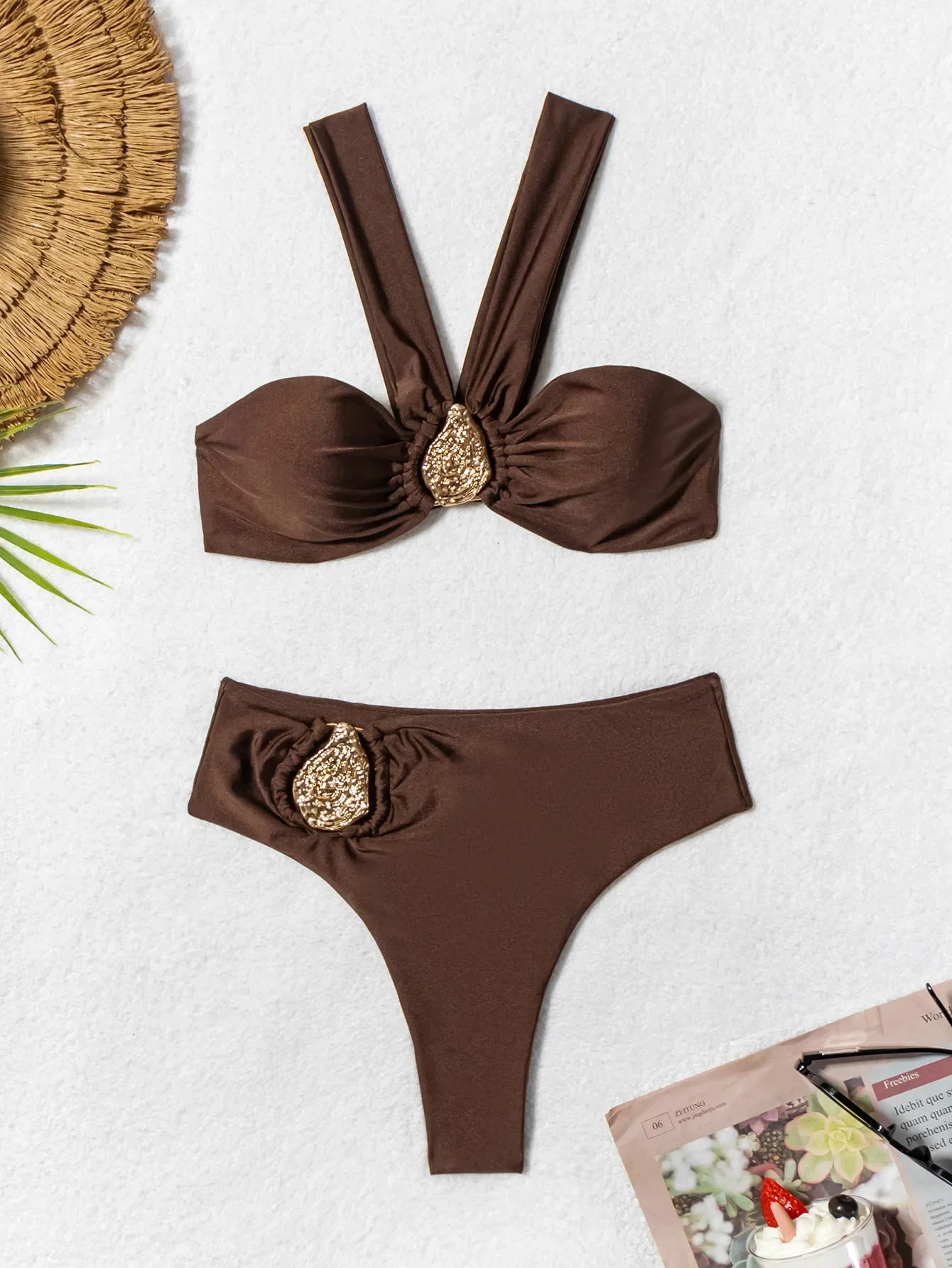 Коричневый купальник женский сексуальный Холтер металлический капель воды пуш-ап плиссированный комплект бикини с высокой талией 2025 купальный костюм из двух предметов купальники