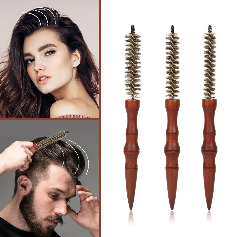 Professional Mini Boar Bristle Round Brush - Wooden Handle Styling Brush for Short/Thin Hair, Curling & Detangling (Men & Women)