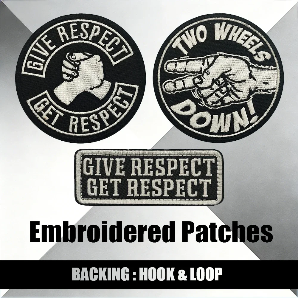 

Embroidered Motorcycle Rider Creed Patches Set - "Give Respect, Get Respect" & "Two Wheels Down" Design Badges for Bikers