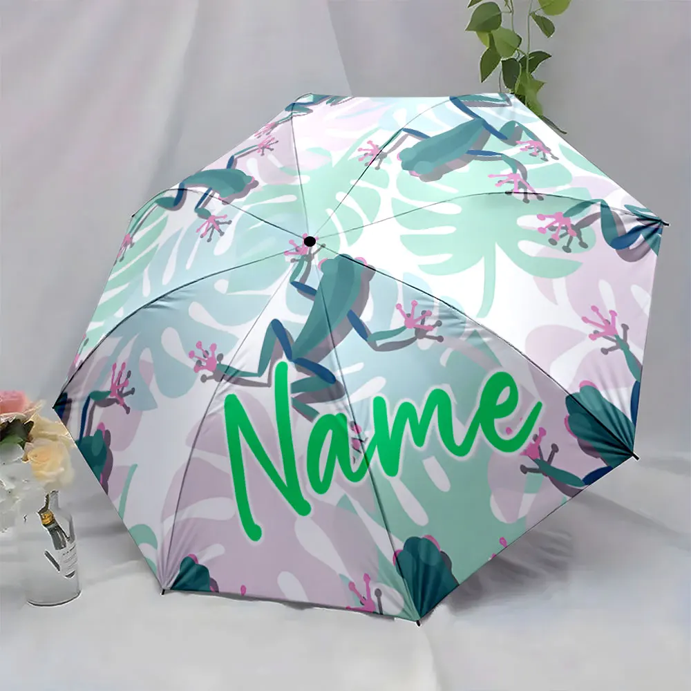 Custom Name Umbrella Tropical Frog Umbrella Design Print 8 Iron Ribs Folding Umbrella Auto-Open Fashion Sunshade