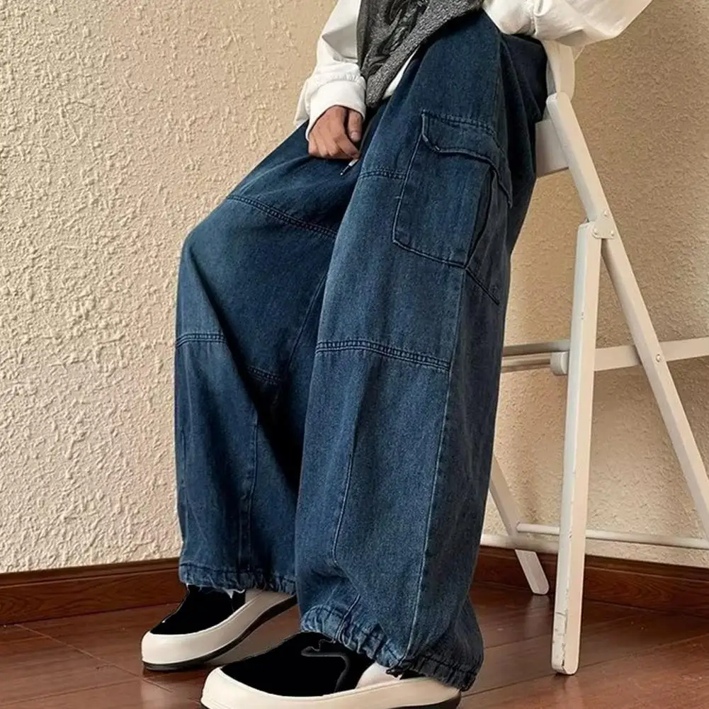 Men Cargo Pants Drawstring Pants Denim Trousers Multiple Pockets Elastic Waist Drawstring Solid Baggy Pants Wide Leg Trousers