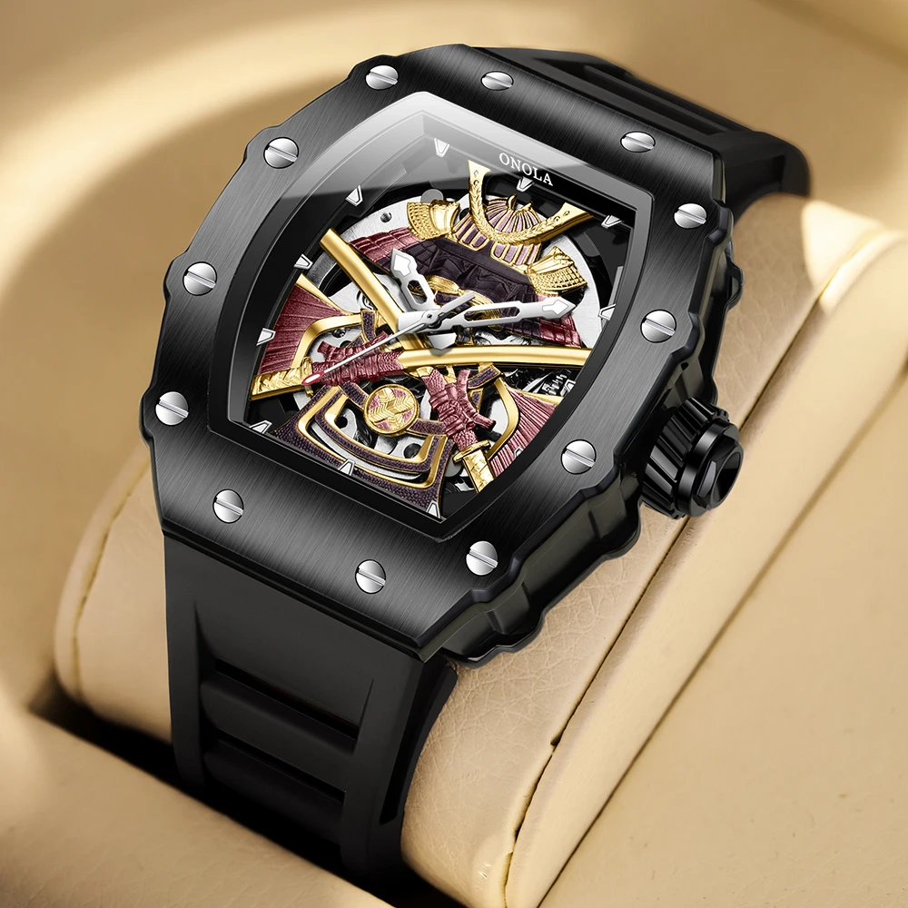 

ONOLA 3865 Автоматические механические часы Tonneau для мужчин Роскошные крутые часы с большим циферблатом Силиконовые мужские часы reloj automático hombre