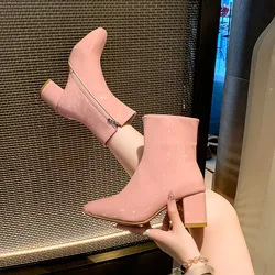 New Winter Short Shoes Chunky High Heels Women Fashion Boots Square Heels Women's Ankle Boots Solid Ladies Size 35-42