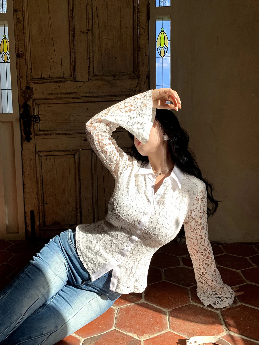 

Cherry Blossom Filter Sunlight Женский irt Gentle Sle Long Sve Flared Sve Bell Sve Отложной воротник Дышащий S...