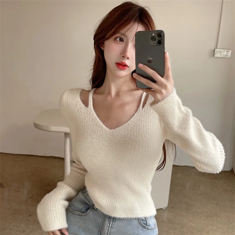 Mink Fur For Women's Spring And Autumn 2023 New Gentle Outerwear V-Neck Pullover Lazy Style Knitted Sweater