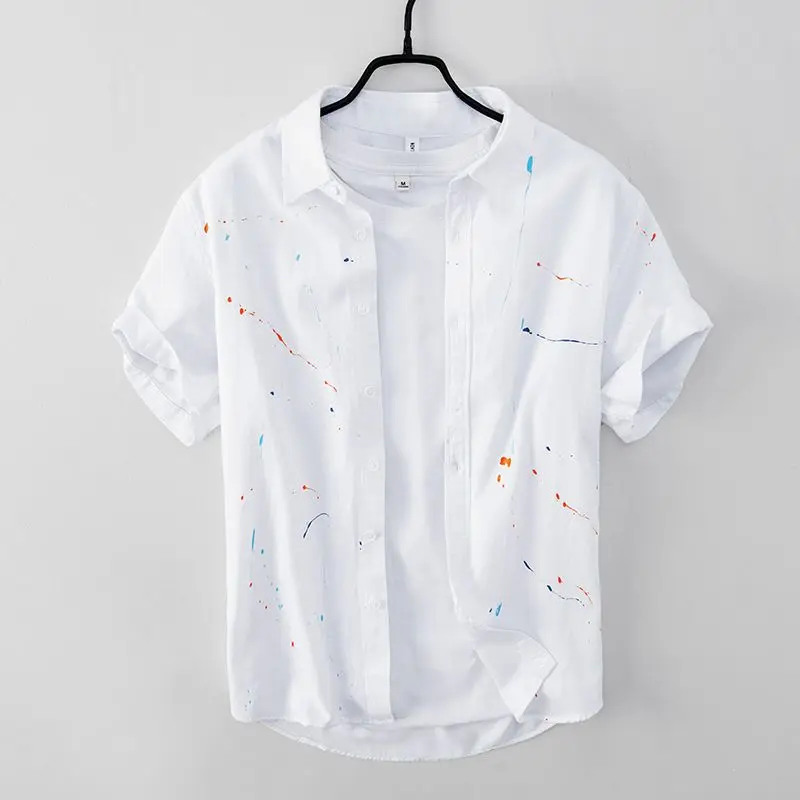 

2023 Summer Cotton Casual Splash Ink Short Sleeve Shirts Summer Men Turn Down Collar Short Sleeve Button Loose Blouse Tops A03