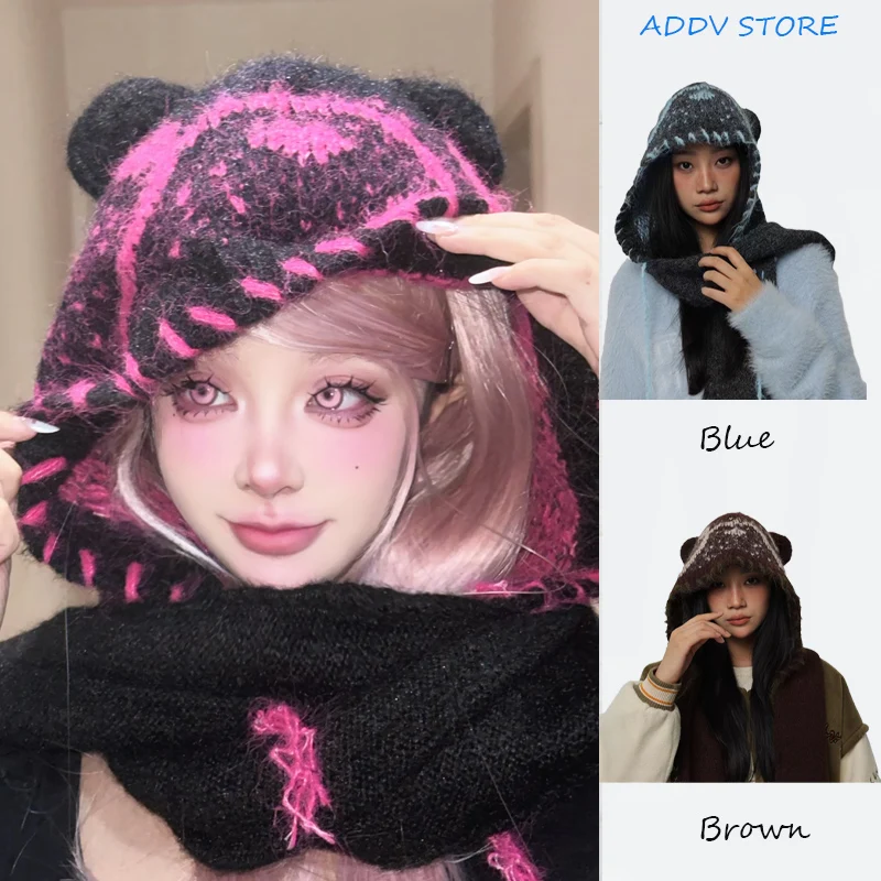 

Y2K Autumn Winter Women's Cute Warm Earring Scarf Balaclava Hat One-Piece Ear Protection Versatile Knit Breathable Bomber Caps