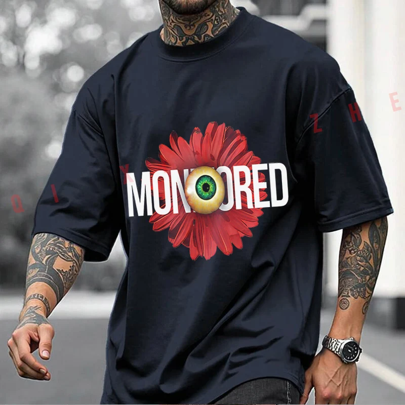 Flowers And Red Eyes Motorcycle Printed T-Shirt Men's Fashion Short Sleeve Exquisite Design Essential Top Tees