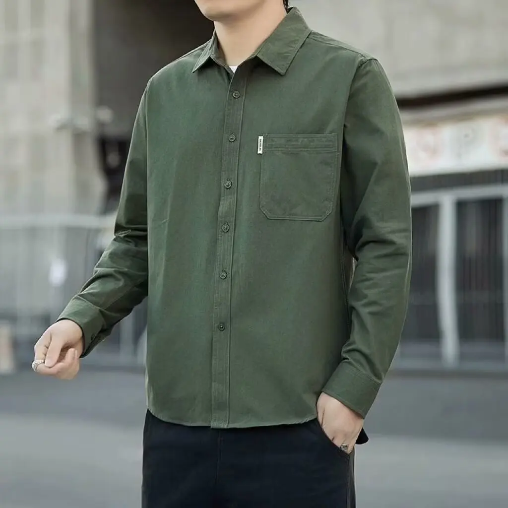 メンズ作業服長袖シャツ耐久性汚れに強いスタンダードフィット若者ファッション春シーズンボタン留めピュアカラー