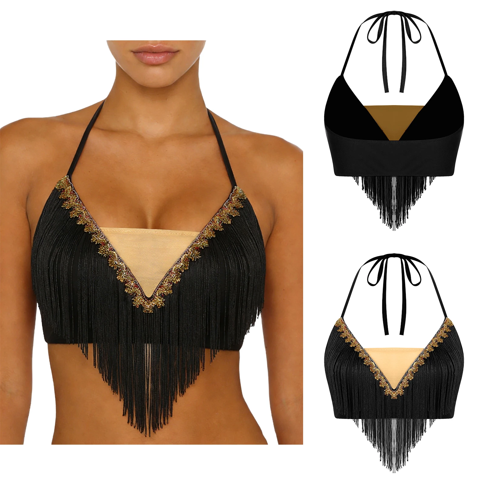 Top Corto da Donna per Danza del Ventre Indiana e Latina, con Lacci, Halter, Frange e Nappe, Canotta da Ballo per Abbigliamento da Palcoscenico