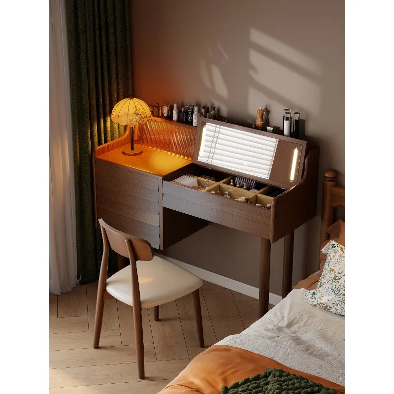 

Solid wood dresser, bedroom, small apartment, vanity table, chest, integrated retro flip cover with mirror, vanity table, simple