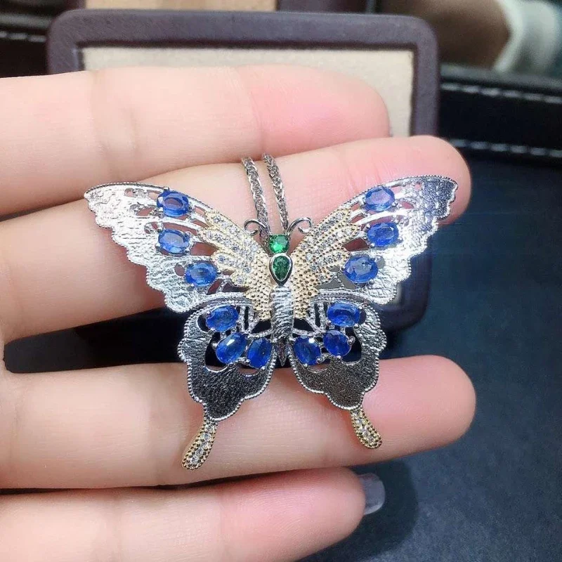 

Natural Sapphire Pendant S925 Silver Butterfly Pendant Necklace Fashion Lucky Lady Party Jewelry