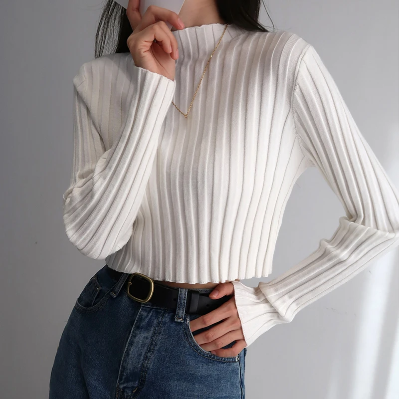 Women American retro stand collar solid color simple slim fit fashion short knitted long-sleeved sweater white one size