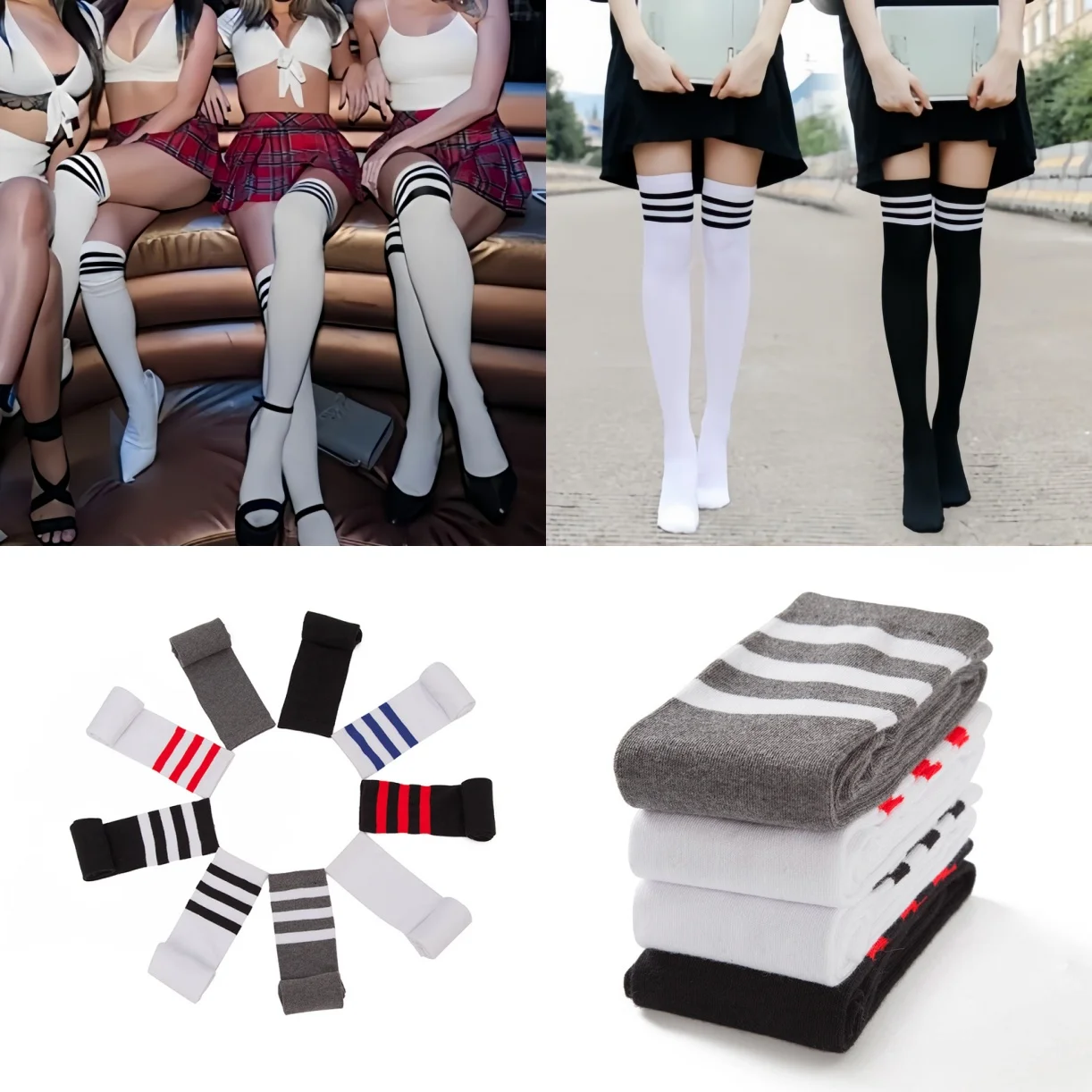 ถุงน่องยาวลายทางสีดำขาวสำหรับผู้หญิงและเด็กผู้หญิง NEWJOINFUN ถุงน่องยาวเหนือเข่า ถุงน่องยาวถึงต้นขา อุ่นสบาย เซ็กซี่ สำหรับผู้หญิง ไซส์ใหญ่