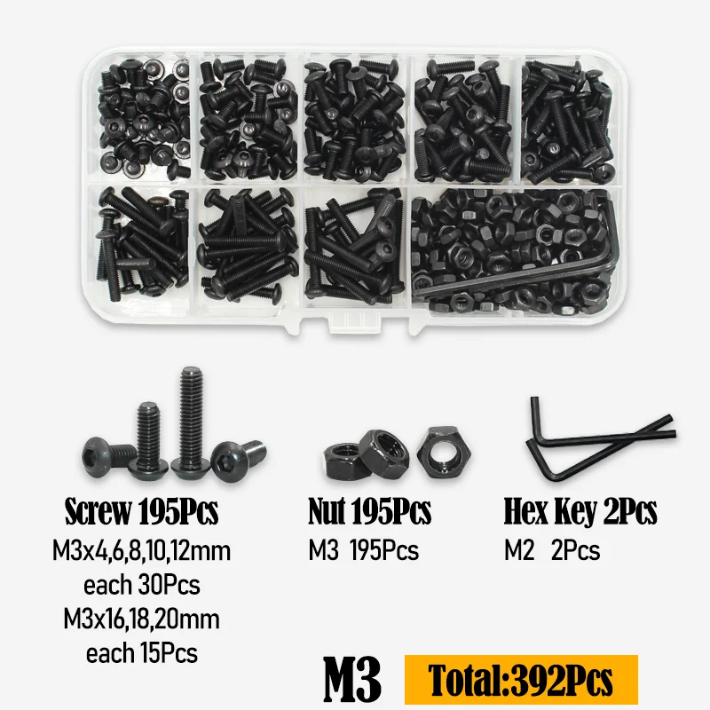 up to 2510p M2 M2.5 M3 M4 M5 M6 Round Hex Cap Screw kit 10.9 Grade Black Socket Button Head Allen Drive Screws Bolt Nut ISO7380