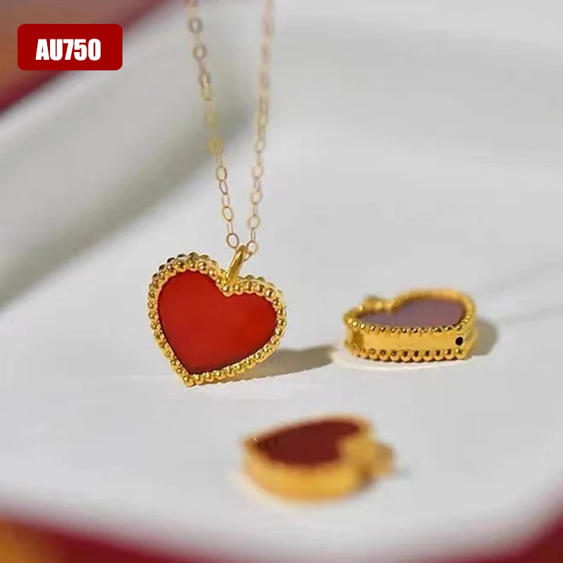 

18K Gold AU750 Heart Pendant Necklace Red Agate Gifts For Women Fine Jewelry