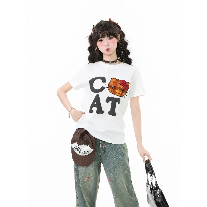 

Новый американский летний универсальный свободный дышащий быстросохнущий топ с короткими рукавами и 3D принтом Hello Kitty, модный