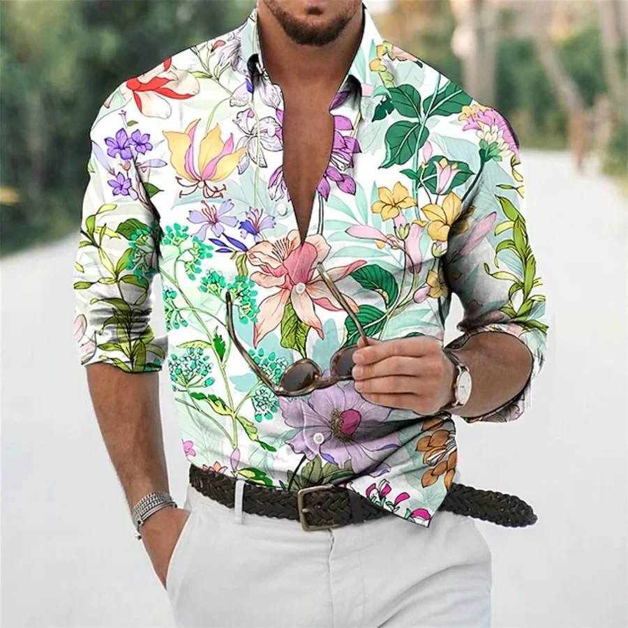 Floral pattern men's long sleeved lapel shirt, button design, digital printing, casual and comfortable, fashionable dressing