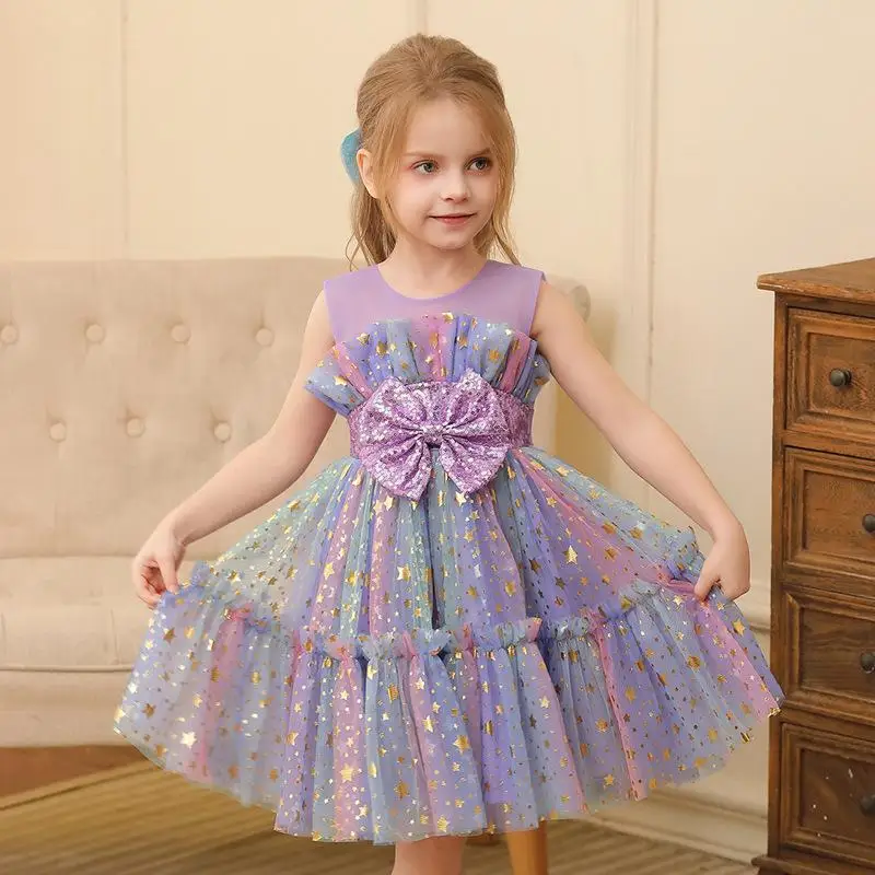 Spring and Summer Girls' New Star Sequin Sticker Colorful Bow Splicing Sleeveless Children's Festival Cute Mesh Princess Skirt