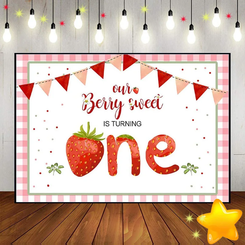 Happy 1th Birthday Party Custom Backdrop Banner Decoration Photo Background Photography Backdrops Baby Show Strawberry Girl One