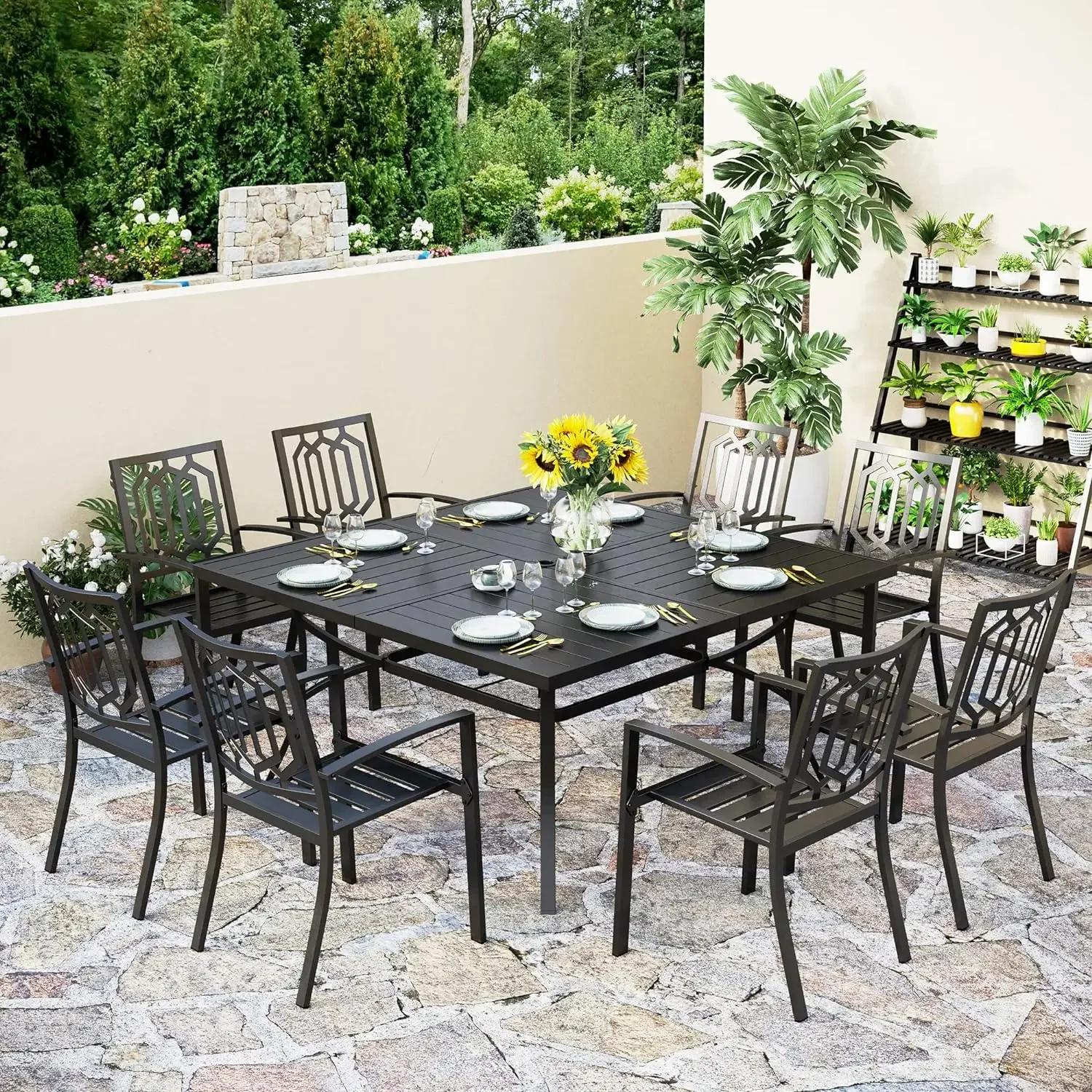 

9-Piece Outdoor Dining Set, Square Metal Table with Umbrella Hole and Stackable Chairs – Patio, Garden, Deck, Porch, and Yard