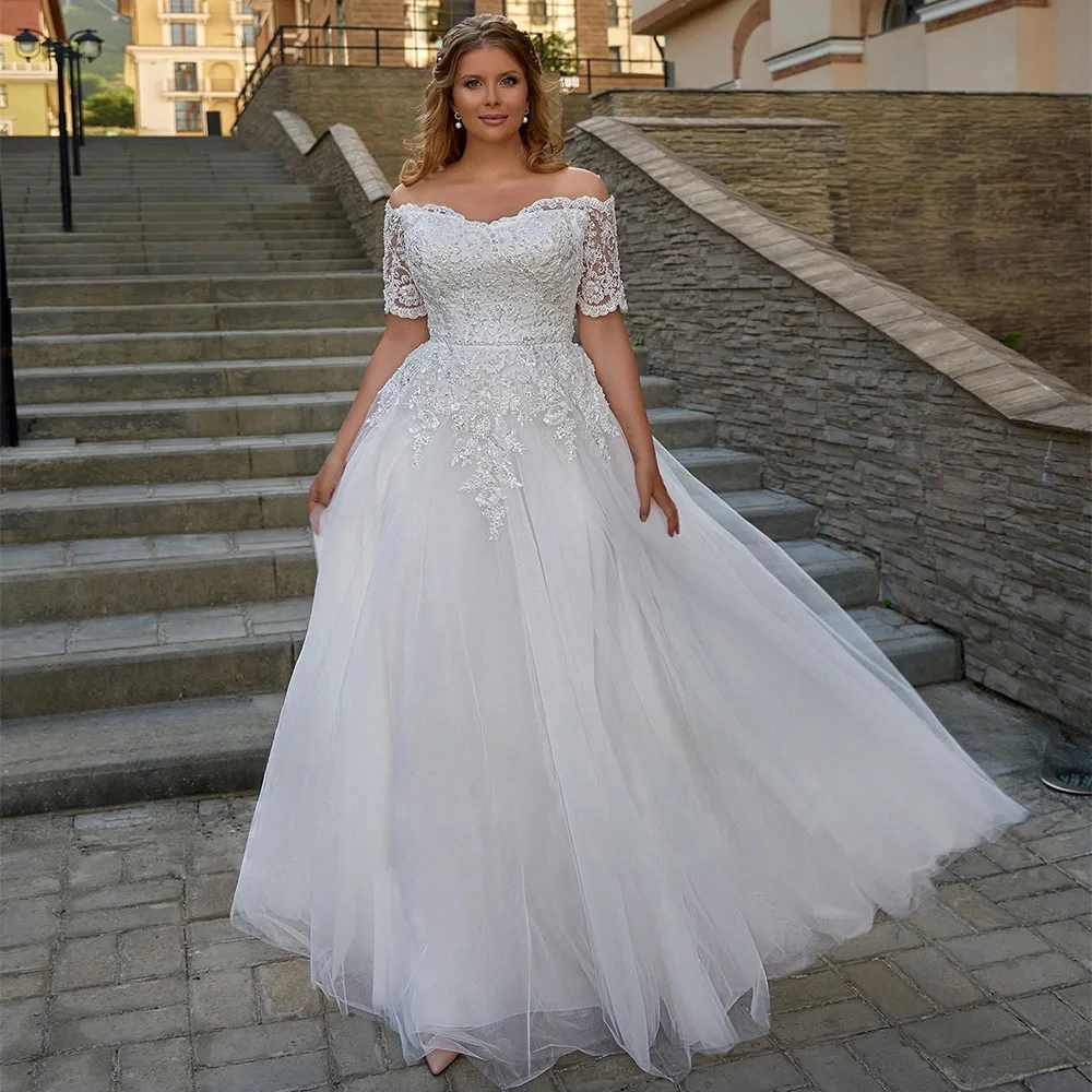 Customized Short Sleeve Beading  Vestido De Noiva Off The Shoulder Plus Size Wedding Dress Appliques Vestidos De Novia