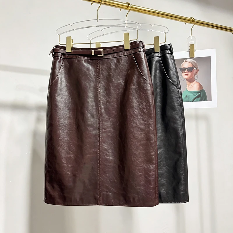 High Waist Belted Genuine Waxed Leather Midi Skirt Autumn Winter Women Sheepskin Straight Pencil Skirt With Pockets Faldas Mujer