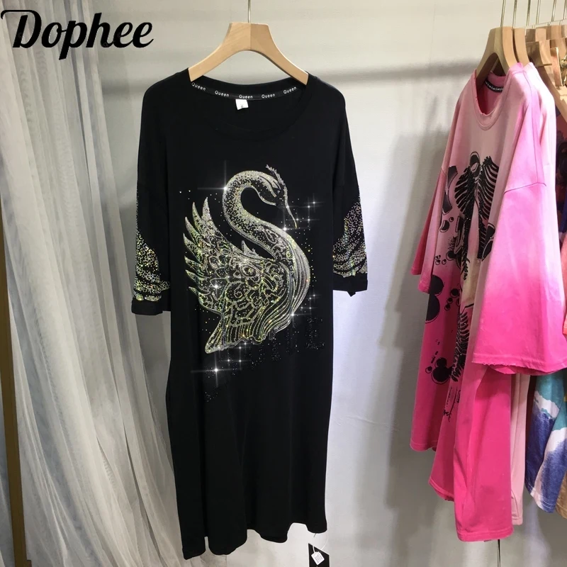 Luxury Shiny Swan Hot Drilling Loose Women Dress Back Wings Diamonds O-neck Mid-long T-shirt Top Short Sleeve Black T Dresses