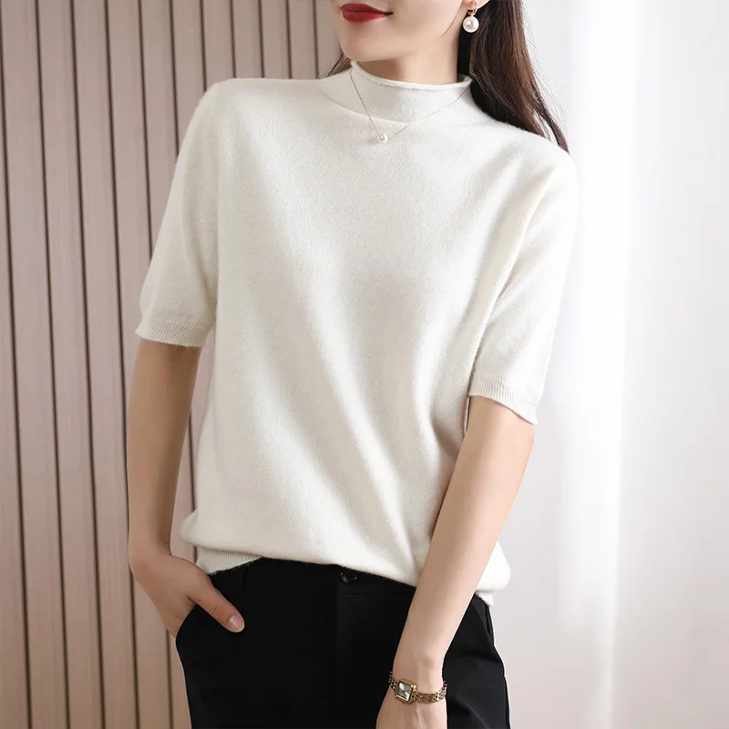 

Cashmere Knitted Women's Half-Height Crimped Short-Sleeved Sweater Meileno Wool Fashion Versatile Spring And Summer Chic T-Shirt