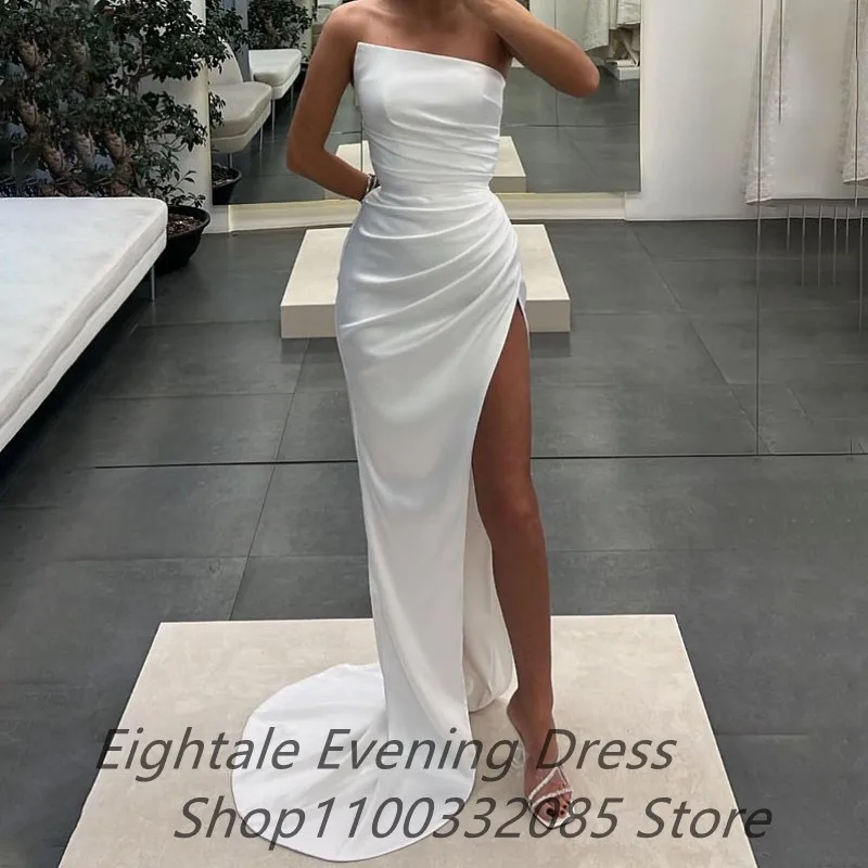 Eightale 2023 Champagne Satin Prom Dress Sexy Slit Evening Party Dress Strapless Women Formal Prom Gown Robes De Soirée