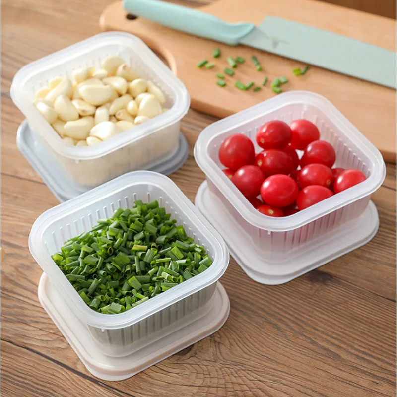 

1pc Kitchen Ginger Garlics Storage Box Square Dual-Layer Airtight Fruit Food Storage Box Home Kitchen Drain Storage Box With Lid