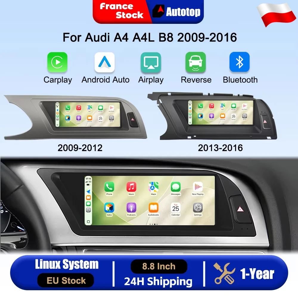 AUTOTOP 8,8-calowe bezprzewodowe radio samochodowe z CarPlay i Android Auto do Audi A4 A4L B8 2009-2016, inteligentny system multimedialny z ekranem dotykowym, funkcją AirPlay, Bluetooth, nawigacją