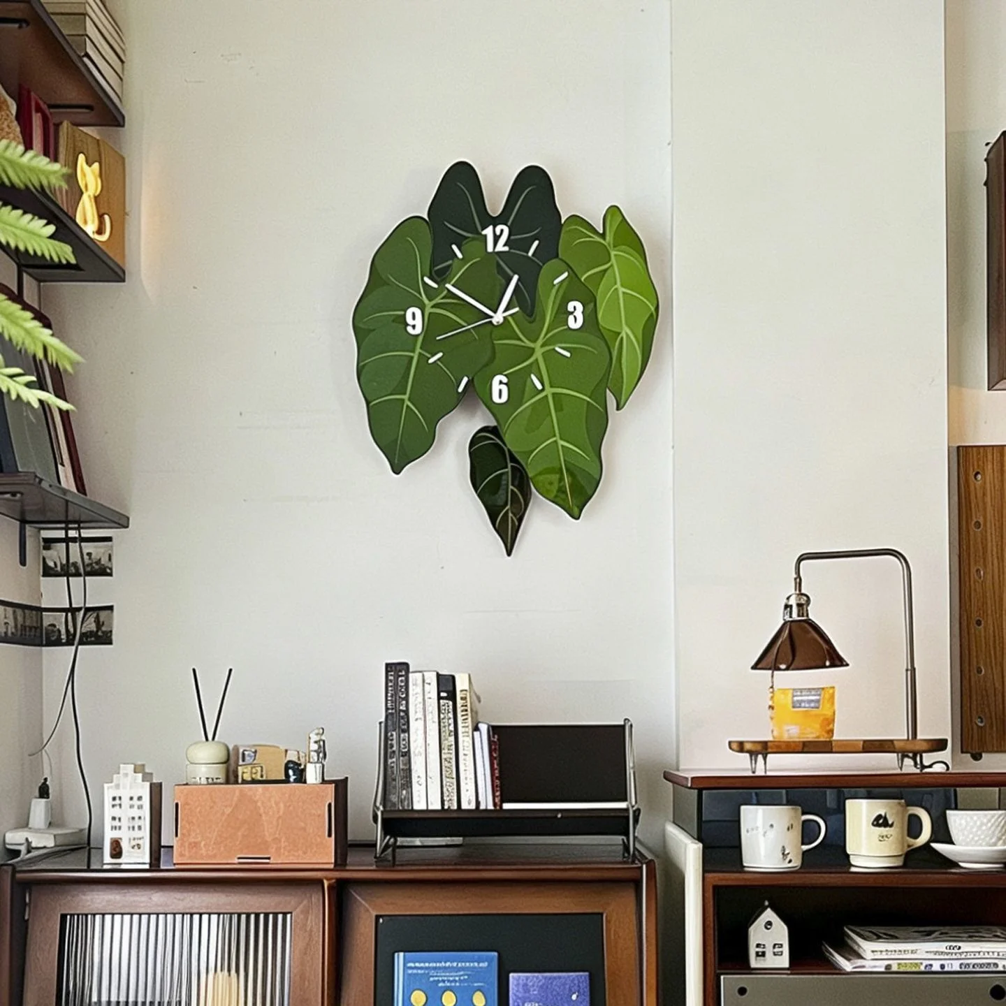 Tropical Green Artificial Leaf Wall Clock Silent Pendulum Living Room Dining Room Home Decor Hanging Wall Art Modern Minimalist