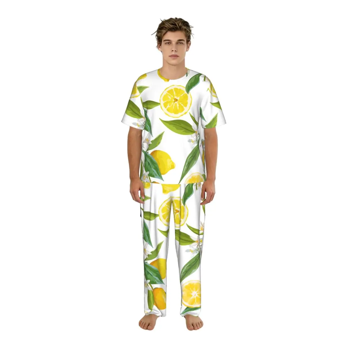Men Pajamas Set Fruits Lemon Floral Pattern Short Sleeve Spring Summer Lounge Sleepwear Male Nightwear
