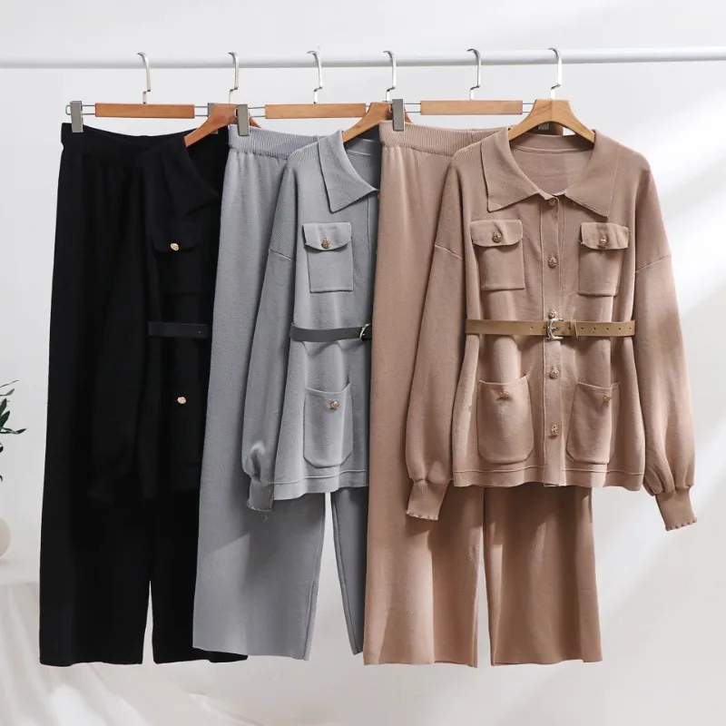 Autumn Winter Knitted Sweater Pants Suit Polo Collar Loose Sweater Coat High Waist Wide Leg Pants Women Two-piece Sets Elegant