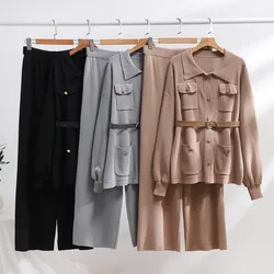 Autumn Winter Knitted Sweater Pants Suit Polo Collar Loose Sweater Coat High Waist Wide Leg Pants Women Two-piece Sets Elegant