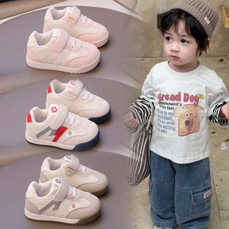 

New Summer Baby Boys Girls Low Top Flats Kids Board Shoes Leather Mesh Fabric Soft Sole Casual Sneakers Toddler Non-Skid Walking