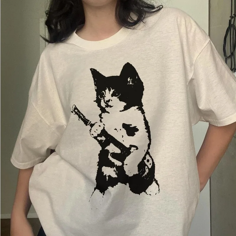 Rock Cat Y2K Shirt 90s Retro Aesthetics Cat Y2K T-shirt Women's T-shirt Summer New Retro Harajuku Wind Cotton Casual T-shirt