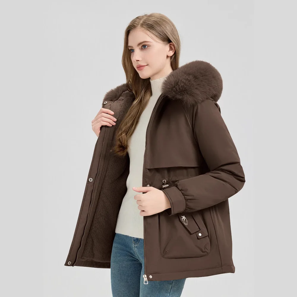 

Fleece Lined Hood Down Jacket Winter Coat for Women Warm Drawstring Padded Parkas Korean Casual Streetwear Female Puffer Outwear