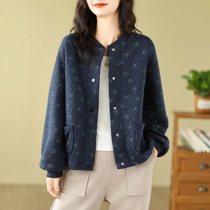 سترة صوفية بأكمام طويلة ورقبة دائرية وأزرار سفلية مع ألوان متباينة مطبوعة، بلوزة فضفاضة كاجوال عصرية للنساء