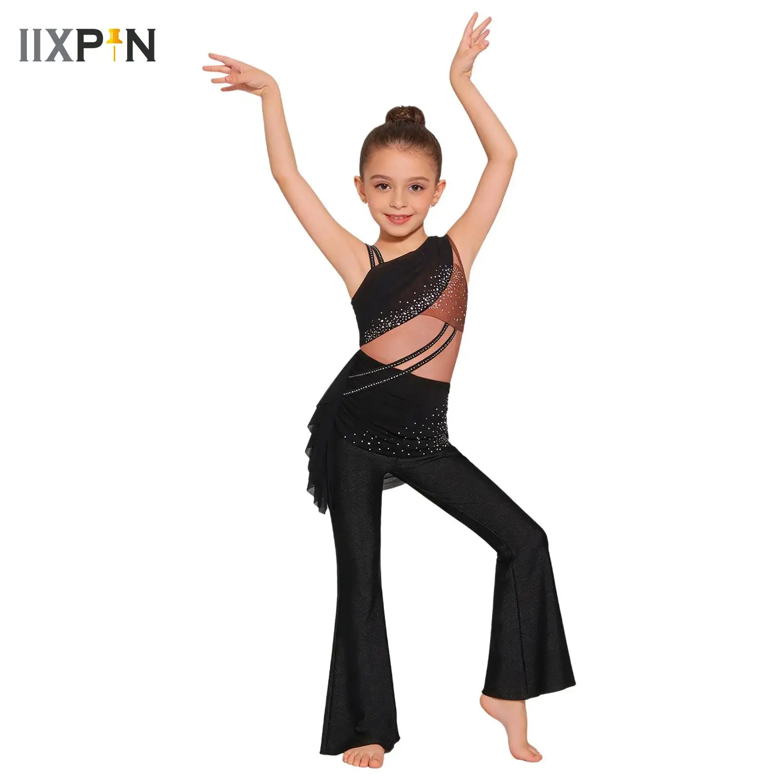 

Sleeveless Cutout Shiny Rhinestones Bell-Bottom Bodysuit Latin Jazz Modern Dancewear Children Girls Performance Jumpsuit Unitard
